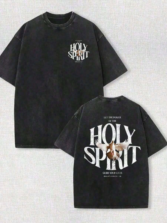 Holy Spirit Power Print Vintage Washed T-Shirt | 230G Pure Cotton American Retro Faded Christian Faith Street Style Loose Casual Summer Tee