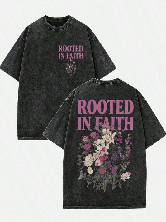 Rooted In Faith Floral Graphic Oversized T-Shirt | Women's Vintage Washed Christian Letter Print Drop Shoulder Casual Streetwear Summer Top