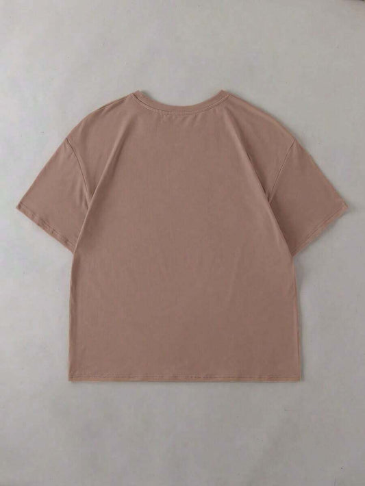 Plus Size Letter Print Round Neck Casual Loose T-Shirt | Women's Comfortable Short Sleeve Everyday Summer Top