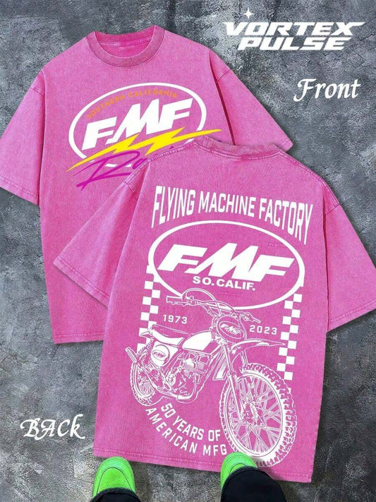Racing Motorcycle 50 Years American Manufacturing Double-Sided Distressed Washed T-Shirt | Vintage Logo Graphic S-3XL Loose Comfortable Casual Summer Tee