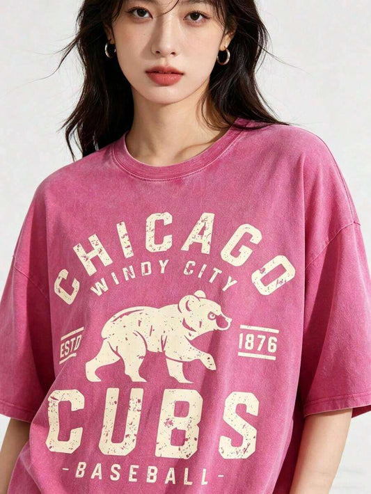 Vintage Washed Baseball City Graphic T-Shirt | Retro Windy City Style Loose Comfortable Casual Summer Street Tee
