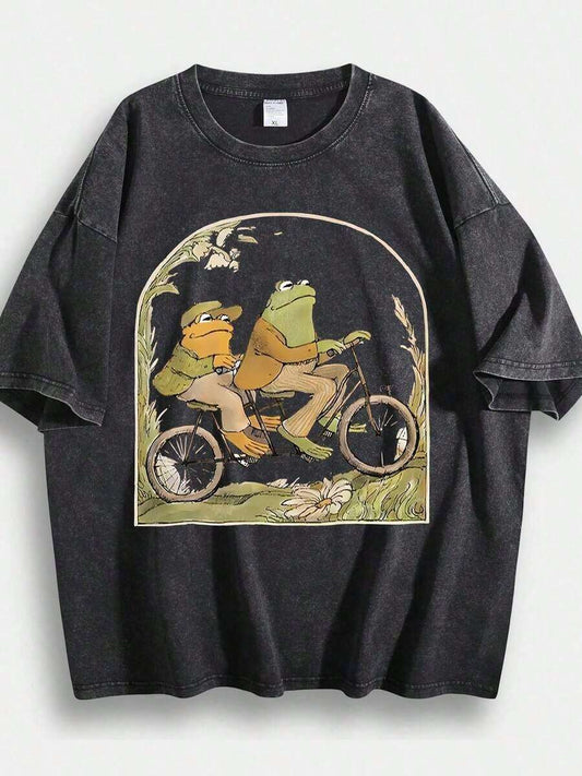 Frog Toad Country Style Letter Print T-Shirt | 230G Thick Combed Cotton Casual Round Neck Short Sleeve Loose Comfortable Fashion Summer Tee