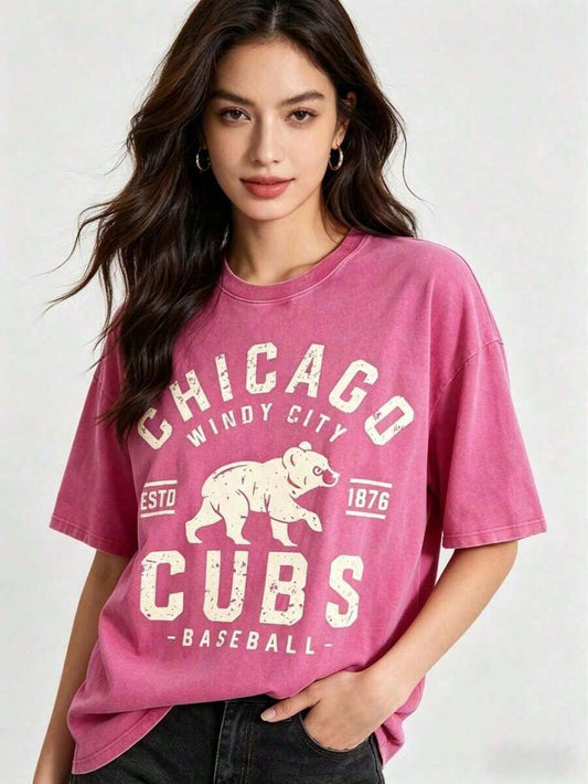 Vintage Washed Baseball City Graphic T-Shirt | Retro Windy City Style Loose Comfortable Casual Summer Street Tee
