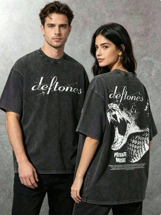 Dark Rock Snake Graphic Washed T-Shirt | 230G Unisex Couple Millennium Street Style Crew Neck Short Sleeve Casual Summer Tee 2026