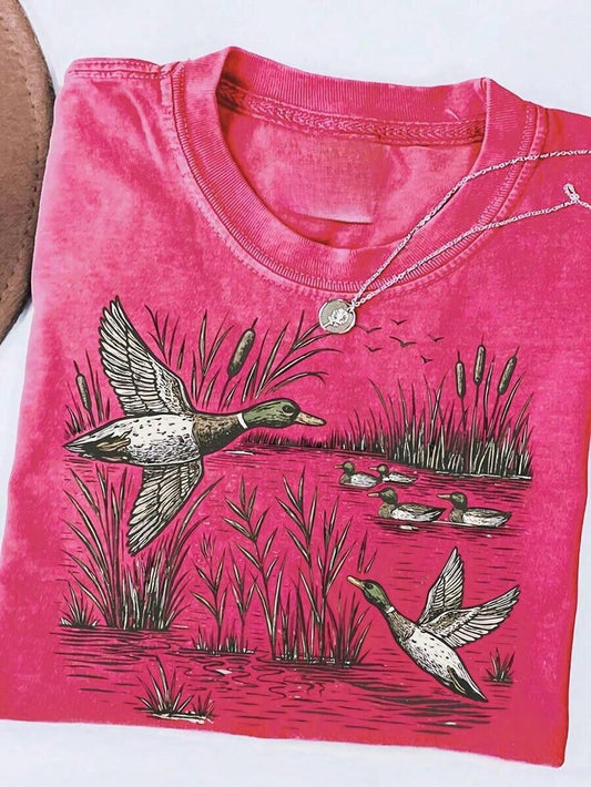 Mallard Duck Retro Washed Women's T-Shirt | Duck Hunting Graphic Street Style Vintage Cotton Summer Tee 2026 New Collection