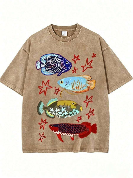 Fish Leaping Over The Dragon Gate Batik Cotton Washed T-Shirt |  High-Quality Retro Fashion Unisex Casual Holiday Gift Vintage Street Style Summer Tee