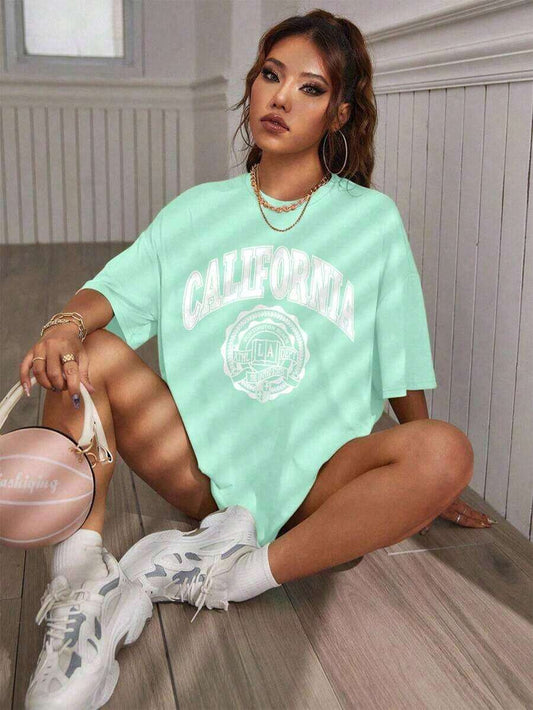 Letter Print Drop Shoulder Women's T-Shirt | Loose Comfortable Round Neck Short Sleeve Casual Graphic Summer Top
