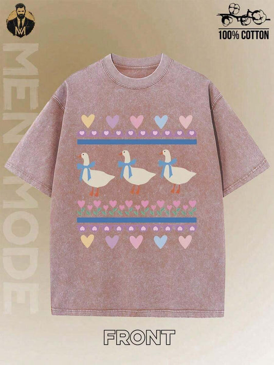 Pink Goose & Heart Pattern Print Vintage Washed T-Shirt | 230G Heavyweight  Cotton Men's Drop Shoulder Loose Street Style Urban Retro Casual Summer Tee