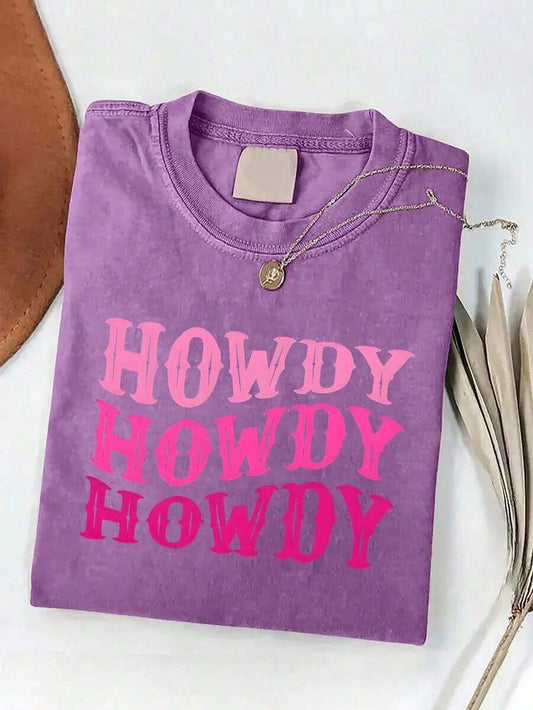 Howdy Howdy Western Print Vintage Washed Women's T-Shirt | Pink Pinkish-Purple Letter Cotton Relaxed Fit Round Neck Short Sleeve All-Season Casual Summer Tee