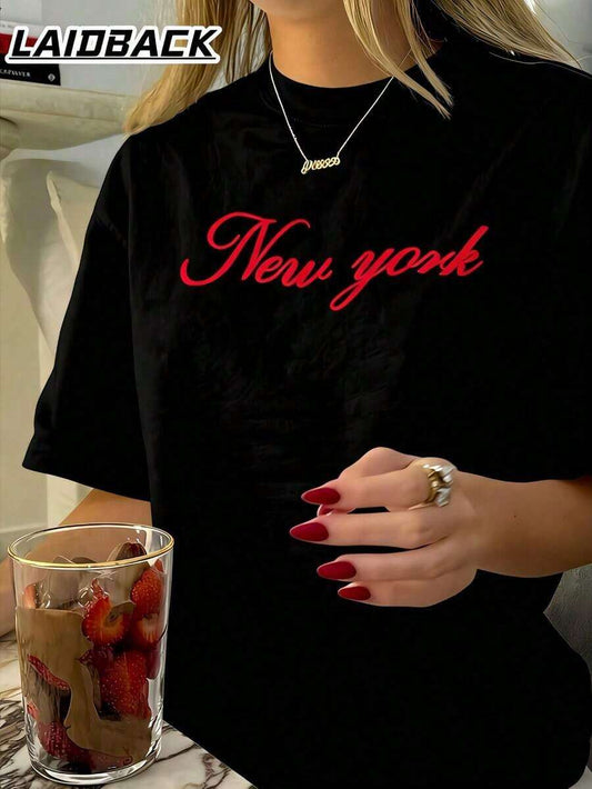 New York Script Print Women's T-Shirt | Oversized Cotton Casual City Minimalist Graphic Crew Neck Short Sleeve Preppy Classic Aesthetic Loose Statement Summer Tee