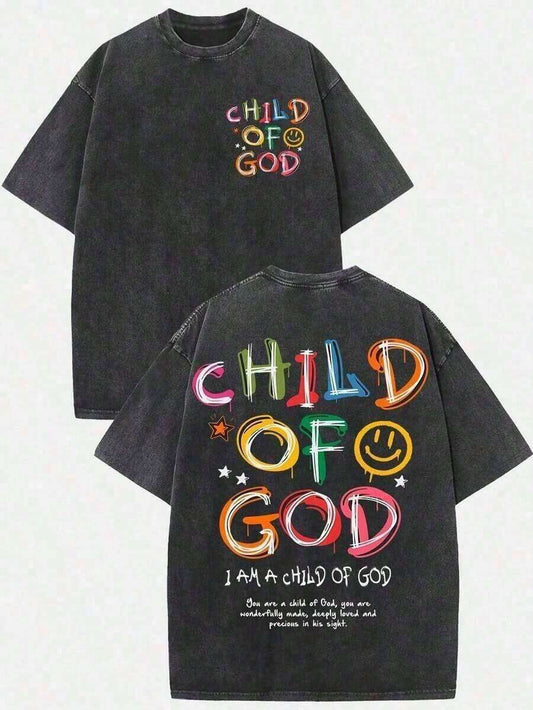 Child Of God Colorful Graffiti Graphic T-Shirt | 230G Distressed Cotton Loose Casual Crewneck Short Sleeve Retro Fun Faith Unisex All-Season Summer Tee