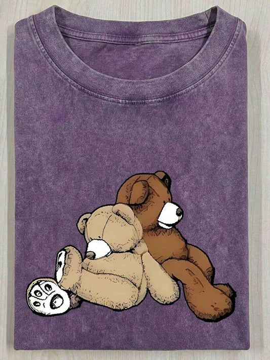 Retro Cut-Off Bear Cartoon Letter Print Women's T-Shirt |  Cotton American Style Fun Ominous Cute Rebellious Casual Summer Street Tee