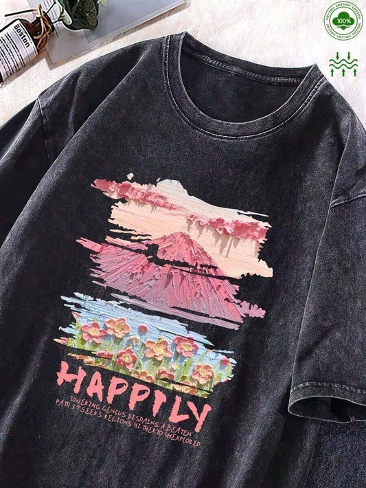 Happily Mount Fuji Oil Painting Graphic Washed T-Shirt | Unisex Oversized Retro Vintage Street Style 90s Loose Cotton Crew Neck Tee