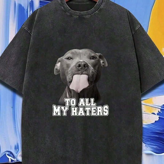 Pitbull Dog "To All My Haters" Batik T-Shirt | Black Pink Retro Short Sleeve Round Neck Statement Casual All-Season Valentine's Holiday Gift Tee