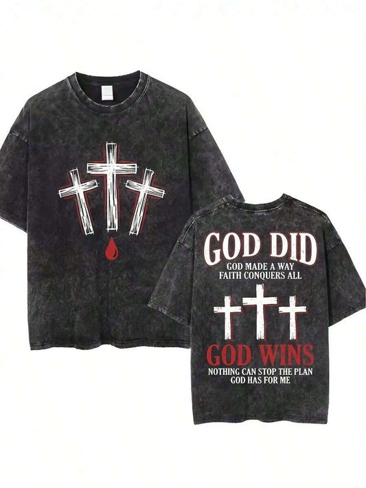 Three Crosses Faith Graphic Acid Washed Oversized T-Shirt | Y2K Gothic Dark Vintage Distressed Double-Sided Heavyweight Cotton Street Faith Tee
