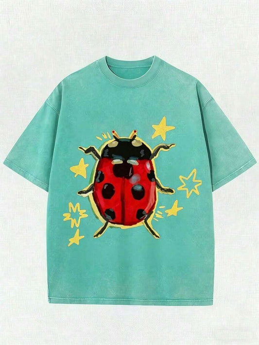Ladybug Under The Stars Purple Washed Women's T-Shirt | High-Quality Vintage Fashion Loose Casual Summer Top | Perfect Mother's Day Father's Day Easter Gift