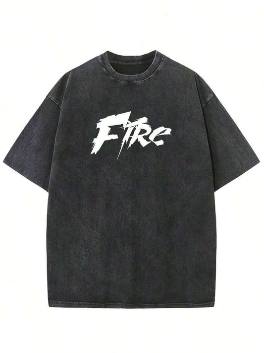 Fire Graphic Print Oversized T-Shirt | Vintage Distressed Acid Wash Men's Relaxed Fit Crew Neck Short Sleeve Breathable Streetwear Casual Summer Tee