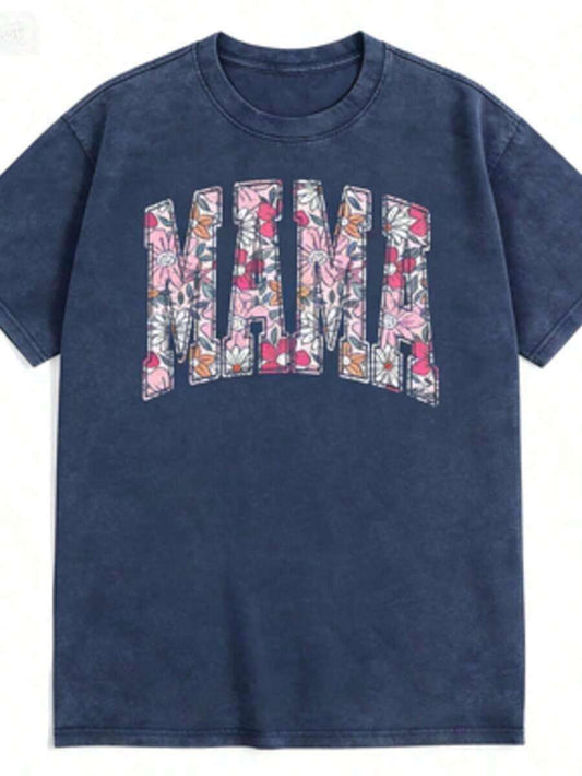 Floral Mom Letter Print Washed T-Shirt | Batik Cotton Retro Fashion Women's Tee | Perfect Holiday & Seasonal Gift