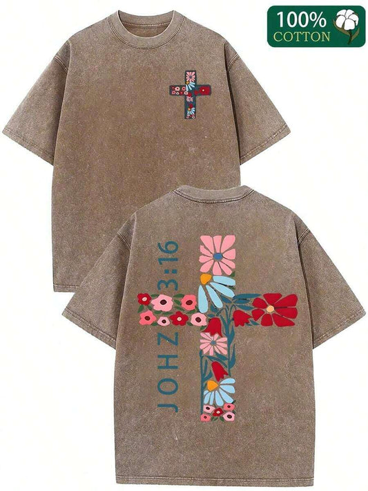 Jesus & Floral Cross Dual-Sided Washed T-Shirt | Vintage Inspired Unisex Relaxed Fit Short Sleeve Breathable Retro Graphic Casual Summer Tee