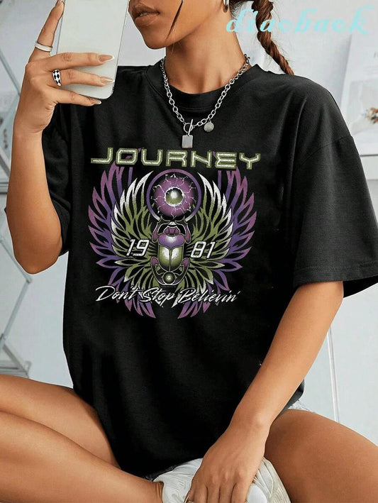 Don't Stop Believing 1981 Vintage Rock Graphic Women's T-Shirt | Oversized Loose Short Sleeve Spring Summer Casual Street Tee