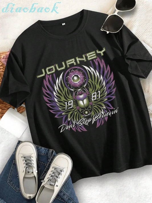 Don't Stop Believing 1981 Vintage Rock Graphic Women's T-Shirt | Oversized Loose Short Sleeve Spring Summer Casual Street Tee