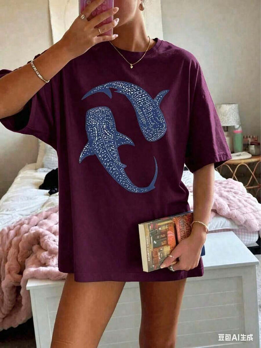 Whale Shark Simple Print Women's T-Shirt | Comfortable O-Neck Casual Loose Fashion Summer Top | Perfect Valentine's Day Gift