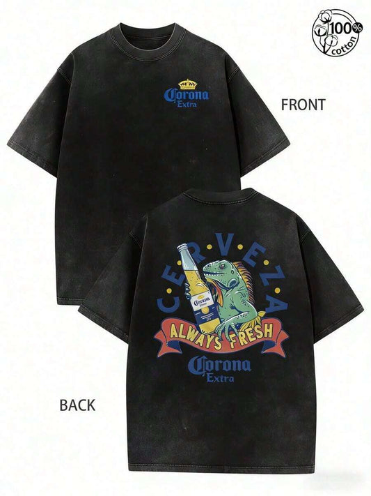 Lizard Holding Beer "Always Fresh" Double-Sided Vintage Washed T-Shirt | 230G Pure Cotton Retro Streetwear Crew Neck Regular Fit Casual Men's Summer Fall Tee