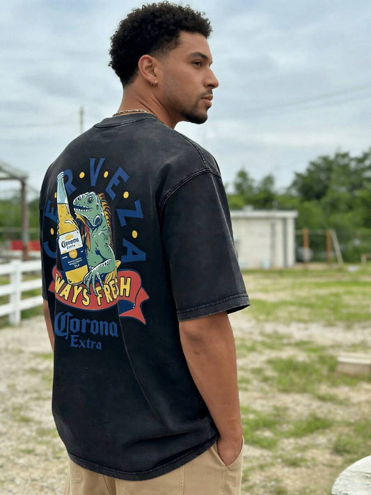 Lizard Holding Beer "Always Fresh" Double-Sided Vintage Washed T-Shirt | 230G Pure Cotton Retro Streetwear Crew Neck Regular Fit Casual Men's Summer Fall Tee