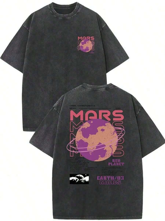 Exploring An Unknown World Double-Sided Wax Print Washed T-Shirt | 230G High-Quality Cotton Retro Street Style Loose Crew Neck All-Season Weekend Holiday Gift Tee
