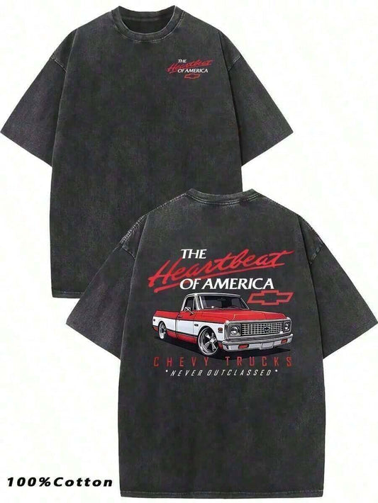 "Heartbeat Of America" Classic Truck Graphic Vintage Washed T-Shirt | Unisex Oversized Black Red White Automotive Retro Double-Sided 100% Cotton Top