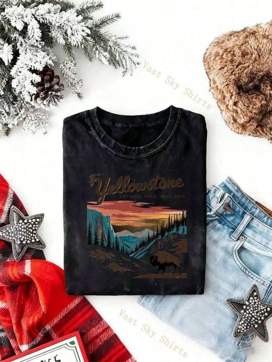 National Park  Sunset Mountain Bison Landscape Washed T-Shirt | Y2K Retro Graphic Unisex Crew Neck Short Sleeve Casual Party Summer Tee