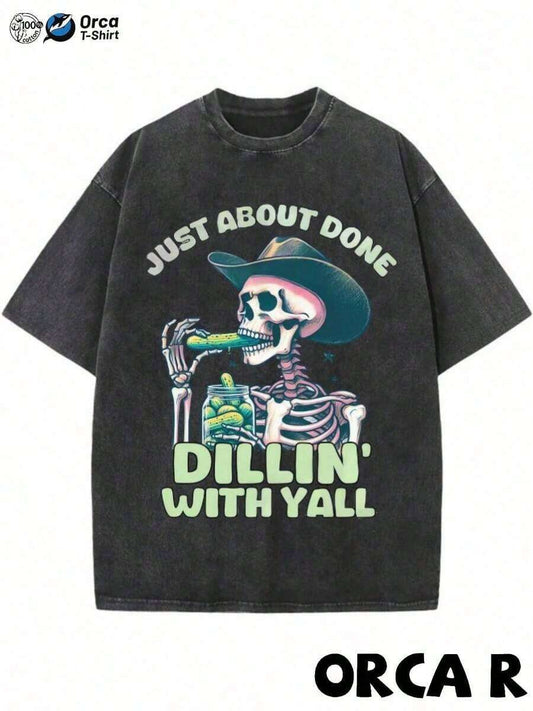Skeleton Cowboy Hat Pickle Graphic Men's T-Shirt | Vintage Y2K Style Loose Comfortable Casual Fun Holiday Gift Summer Tee