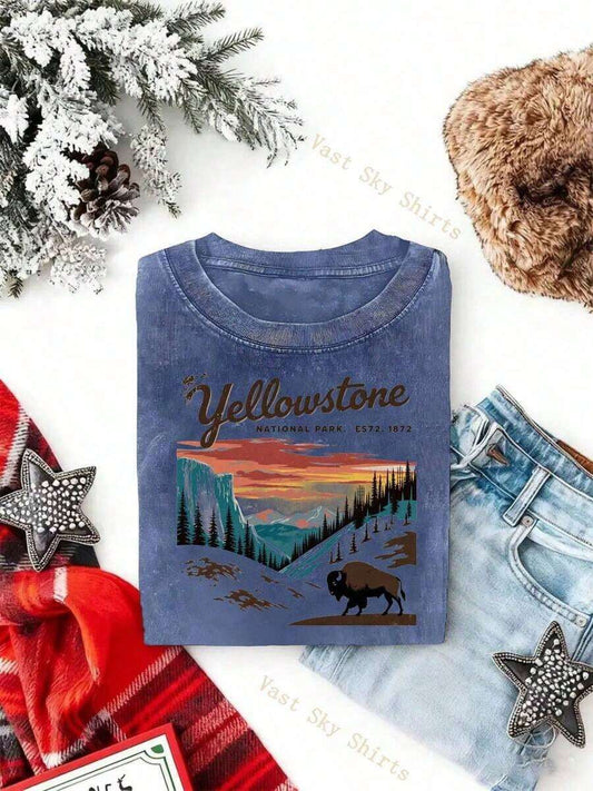 National Park  Sunset Mountain Bison Landscape Washed T-Shirt | Y2K Retro Graphic Unisex Crew Neck Short Sleeve Casual Party Summer Tee