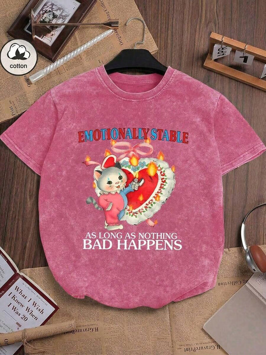 Burning Heart Cake Self-Mocking Cartoon Letter Print T-Shirt | Cotton Unisex American Retro Korean Streetwear Loose Casual Funny Summer Tee