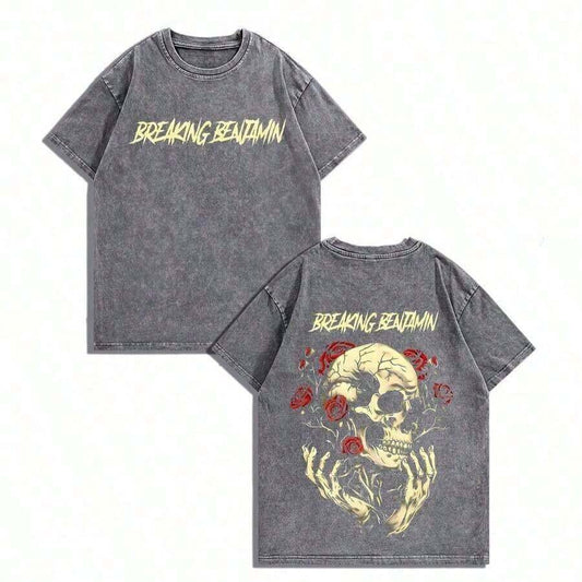 Skull & Roses Post-Grunge Vintage Washed Oversized T-Shirt |Cotton Retro Y2K Streetwear Hard Rock Graphic Loose Summer Tee