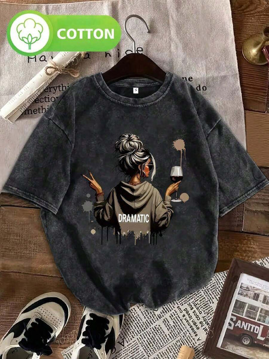 Cheers Print Vintage Washed Women's T-Shirt | Short Sleeve Round Neck Casual Smooth Texture Funny Graphic Summer Top