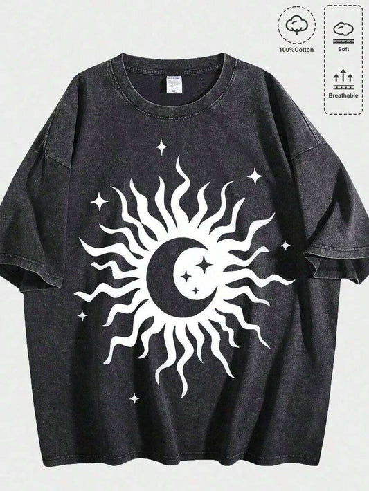Sun Moon Star Pullover Boho Style Women's T-Shirt | Cotton Loose Comfortable Casual Celestial Summer Top