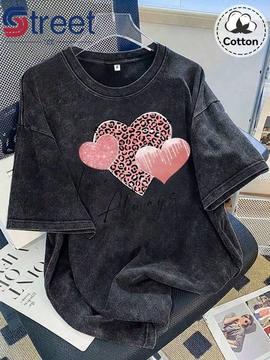 Love Always Leopard Print Glitter Heart Vintage Washed T-Shirt | Plus Size Women's Drop Shoulder Loose Oversize Distressed American Style Casual Summer Top
