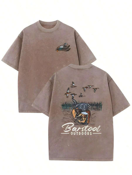 Duck Hunting Dog Companion Pattern Print Washed T-Shirt |  Retro Fashion Cotton Loose Soft Casual Fashionable Summer Tee
