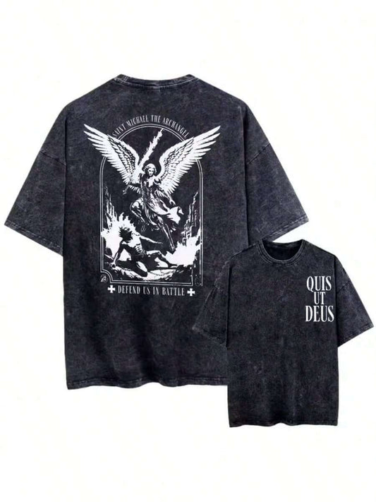 Archangel St. Michael Vintage Washed Distressed T-Shirt | 230G Heavyweight Unisex Round Neck Short Sleeve Street Faith Graphic Tee