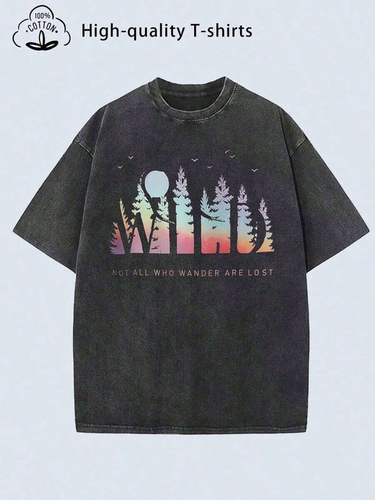 Pine Tree Graphic Distressed Washed T-Shirt | 230G Women's Heavyweight Vintage Blue Ombre Pink Turquoise Oversized Round Neck Retro Streetwear Boho Summer Tee
