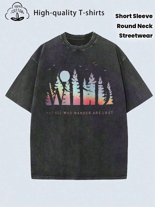 Pine Tree Graphic Distressed Washed T-Shirt | 230G Women's Heavyweight Vintage Blue Ombre Pink Turquoise Oversized Round Neck Retro Streetwear Boho Summer Tee