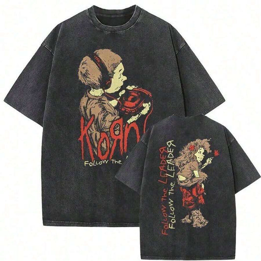 Follow The Leader Grunge Rock Vintage Washed Oversized T-Shirt | Unisex Cotton Loose Fit Street Style Casual Couple Daily Wear Summer Tee