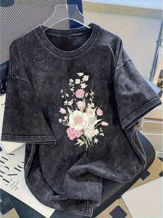 4th Of July Patriotic Pattern Print Washed T-Shirt | Women's Heavyweight Cotton Vintage Street Style Round Neck Short Sleeve Casual Tee