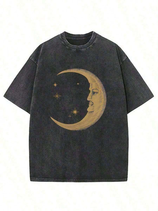 Moon & Stars Batik Cotton Vintage Washed Women's T-Shirt | Oversized Soft Cotton Short Sleeve Casual Street Daily Beach Summer Top 2026 New Arrival