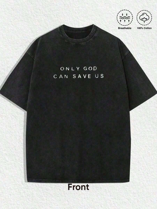 Only God Can Save Us Retro Distressed Washed T-Shirt | Word Search Typography Double-Sided Faith Graphic Vintage Street Style Unisex Casual Summer Tee