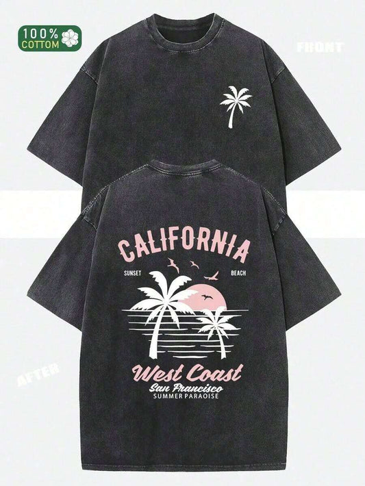 California Vintage Surf Palm Tree Surfboard Print Washed T-Shirt | 230G Heavyweight Oversized Unisex Pink White Loose Casual Beach Summer Tee