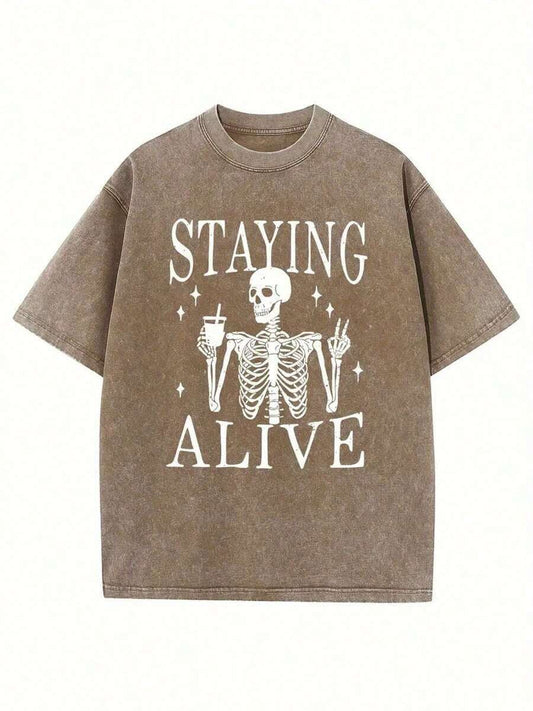 Staying Alive Skeleton Graphic Vintage Washed T-Shirt | Unisex Adult Casual Round Neck All-Season Edgy Street Style Quality Print Holiday Gift Summer Tee