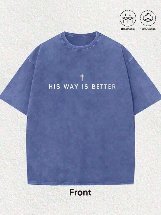 His Way Is Better Cross Print Washed T-Shirt | Women's Vintage Distressed  Cotton Breathable Faith Casual Summer Tee