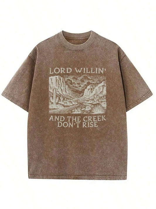 Lord Wilin & The Creek Don't Rise Vintage Desert Landscape Washed T-Shirt | 220G Heavy Cotton Loose Fit All-Season Casual Street Tee